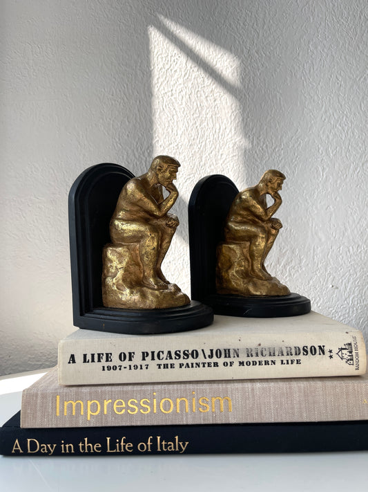 Vintage Rodin thinking man bookends on wood base | Set 2