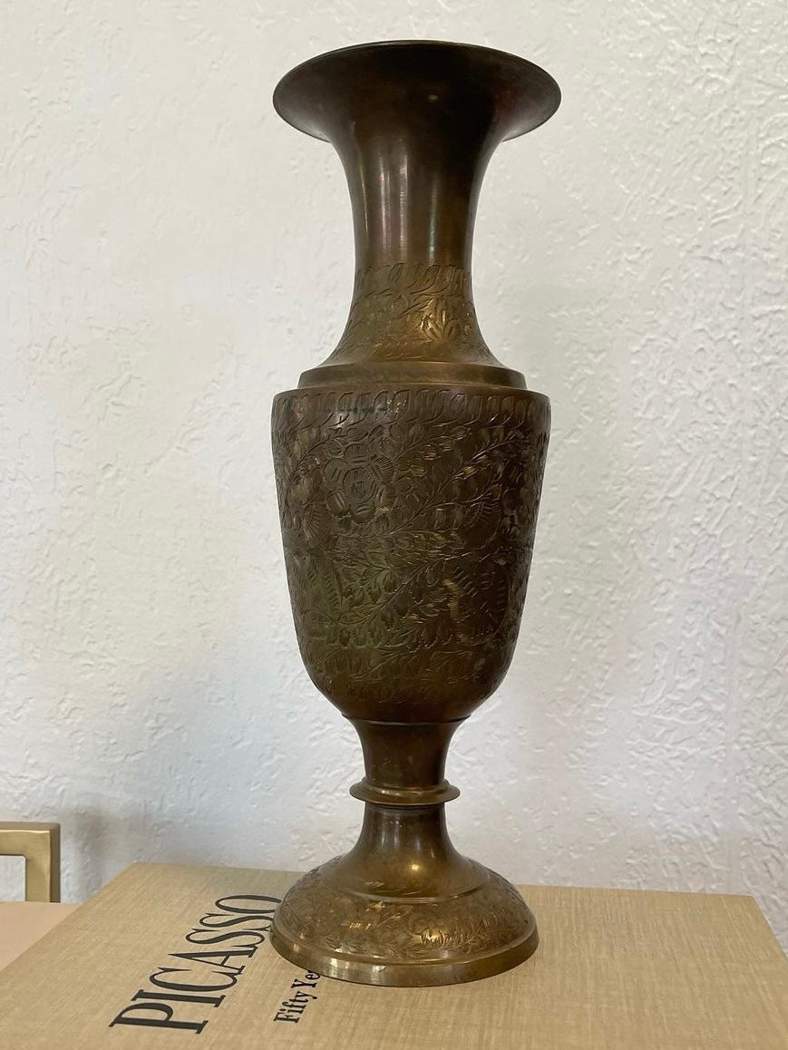 Vintage Etched Solid Brass Urn Vase