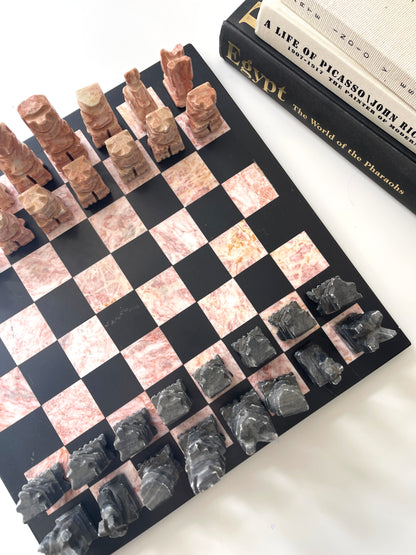Vintage pink + black marble chess set | pieces included